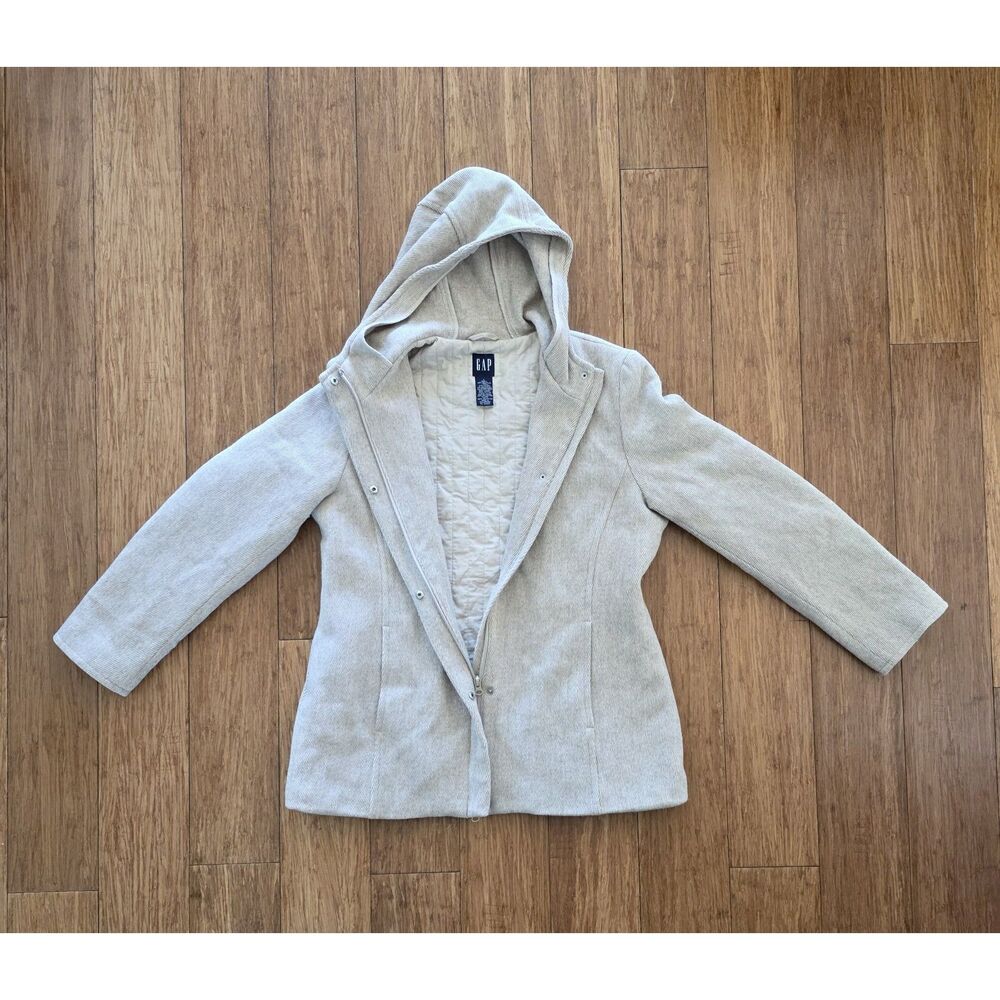 Gap Women's Beige Long Sleeve Full Zip Wool Blend Mid Length Hooded Lined Coat L